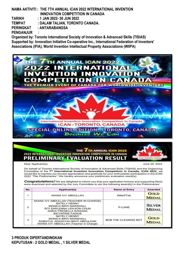 THE 7TH ANNUAL iCAN 2022 INTERNATIONAL INVENTION INNOVATION COMPETITION IN CANADA